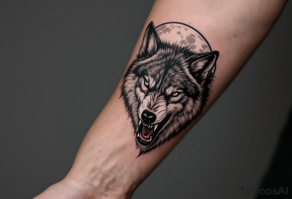 Realistic wolf head snarling with moon background tattoo idea Realistic wolf head snarling with moon background tattoo idea