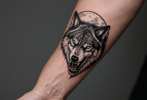 Realistic wolf head snarling with moon background tattoo idea