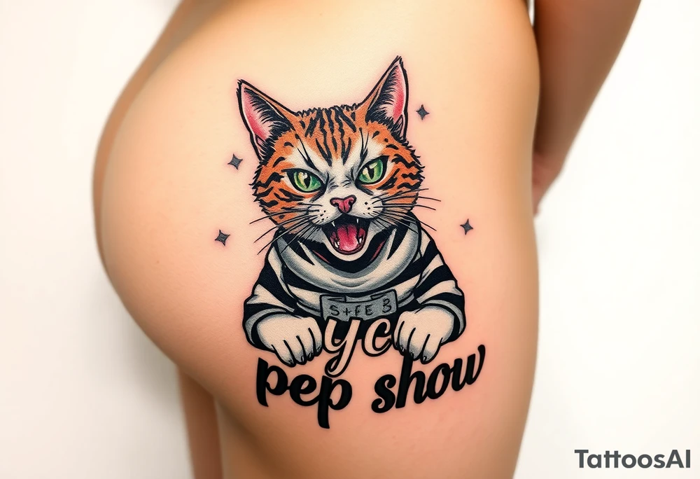 Design a tattoo of a high-quality full color illustration in a cartoonish style. The main element should be a cat wearing a straightjacket and displaying a wild, crazy expression on its face.   the words "psycho peep show" should be present in the design in a stylish tattoo style font , very detailed, very colorful and  vivid , highest quality tattoo . it  is placed on the buttock  of a young woman with a perfectly shaped firm butt, tattoo idea