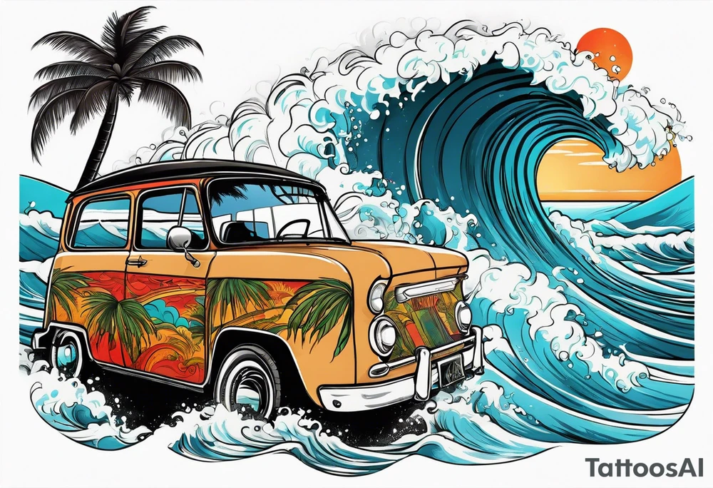 Retro design with coffee mug and ocean waves palm trees tattoo idea