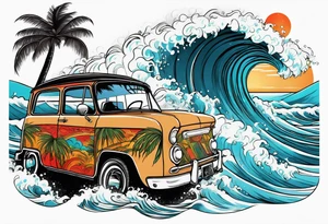 Retro design with coffee mug and ocean waves palm trees tattoo idea