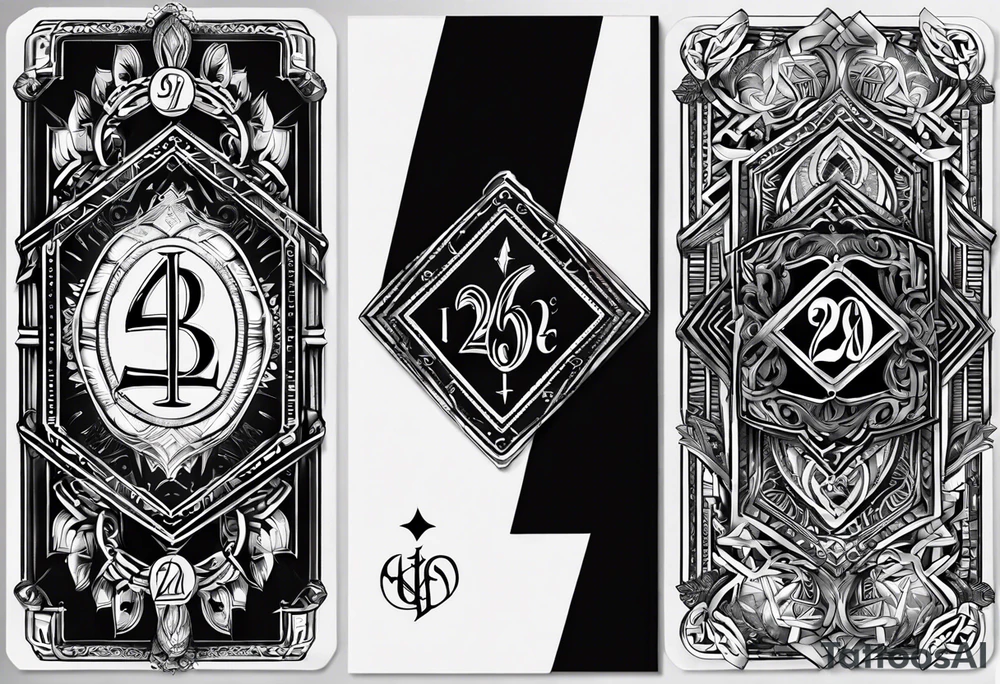 A card with the numbers 23, 16, 26 and 2 on the 4 ends
And inside the card the rune dagaz and fehu tattoo idea