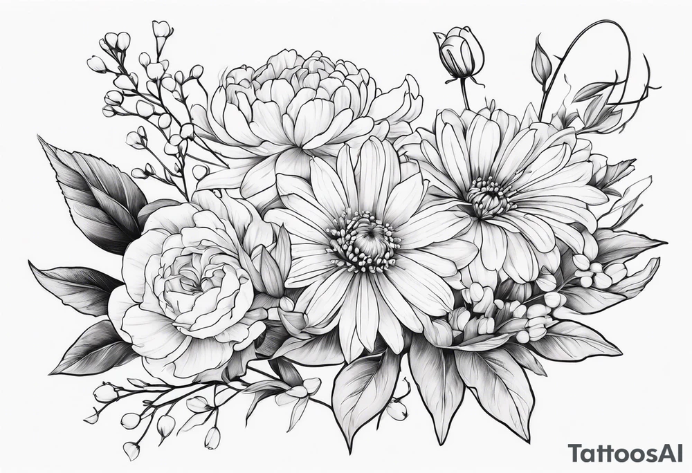 Asters, roses, lily of the valley, and chrysanthemums in a long line tattoo idea