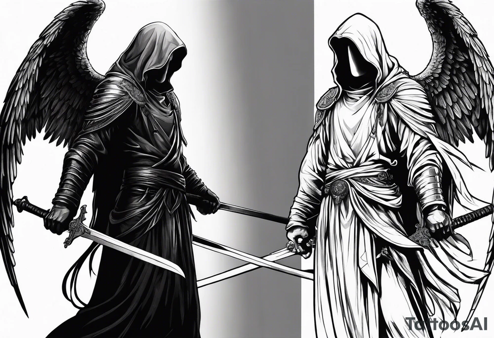 realistic angel of death, man, full body, no face visible, holding one sword, sword pointing downwards, both hands are holding the sword tattoo idea