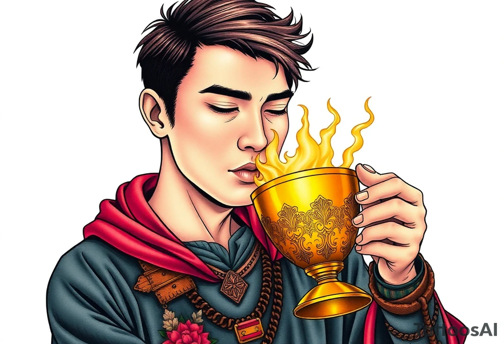 Handsome Asian young guy is drinking from medieval golden cup tattoo idea