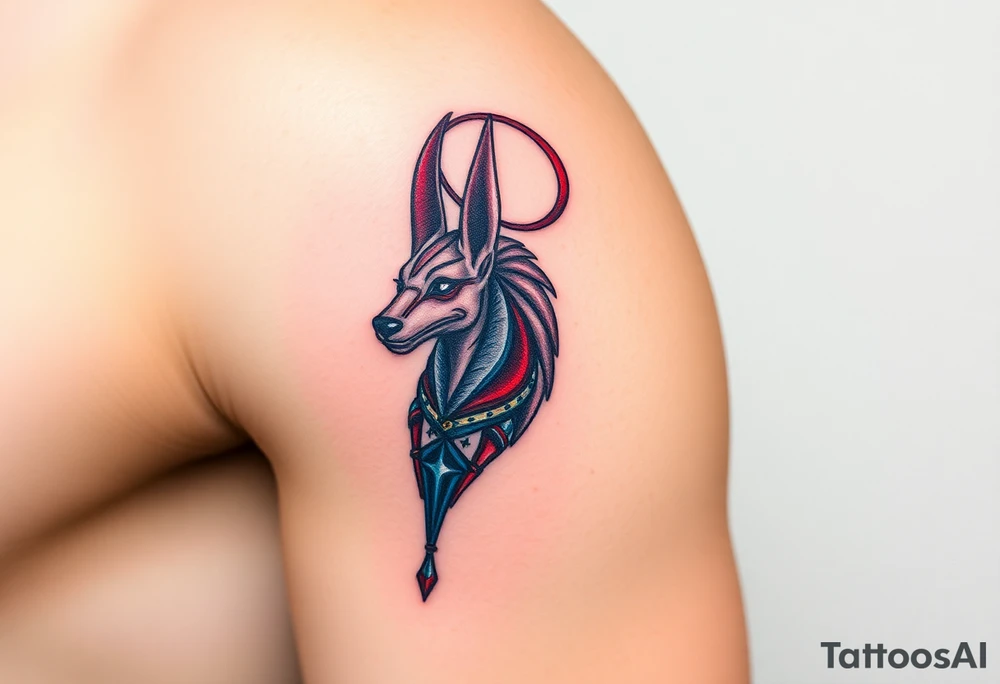 An Anubis with a Halo – Blending Egyptian mythology with Christian spirituality, symbolizing protection and righteousness (Red black and chrome blue are only colors possible) tattoo idea