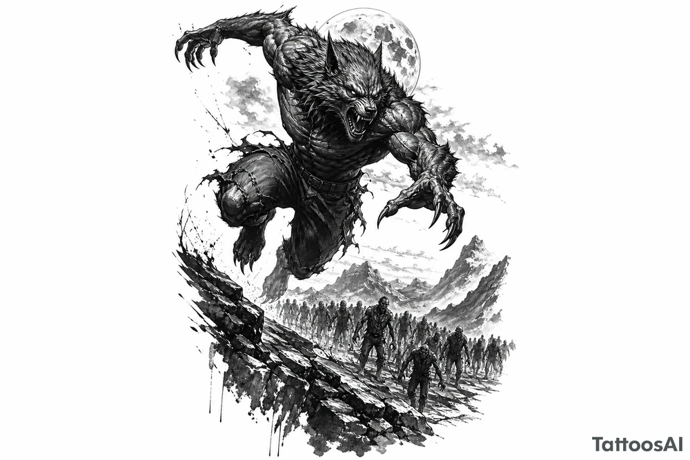 Dynamic silhouette of a werewolf jumping, with a distant zombie horde below. tattoo idea