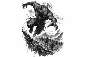 Dynamic silhouette of a werewolf jumping, with a distant zombie horde below. tattoo idea