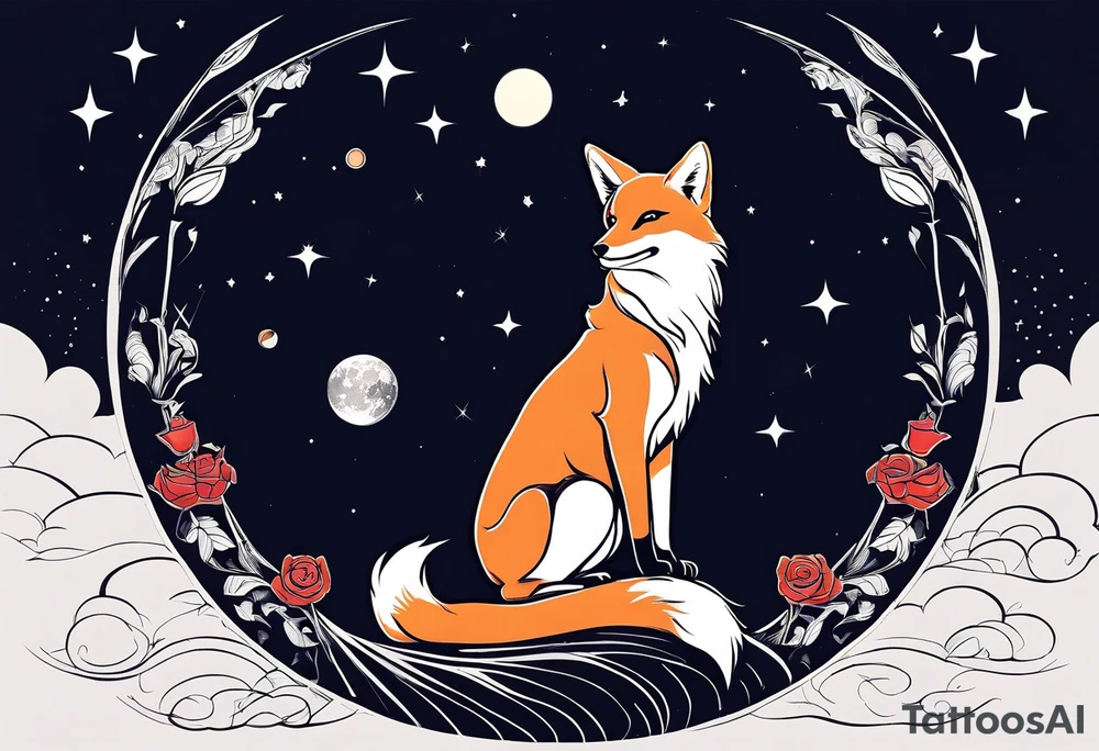 The Little prince sitting on his planet toghether with the fox on his planet besides his rose. Both are watching into the sky tattoo idea