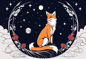 The Little prince sitting on his planet toghether with the fox on his planet besides his rose. Both are watching into the sky tattoo idea