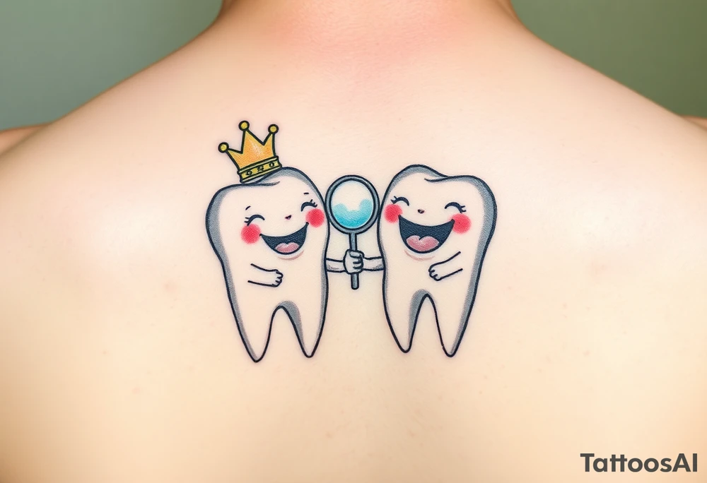Two cute molar teeth holding hands, one wearing a tiny dentist’s mirror as a crown, pastel watercolor, soft and dreamy.” tattoo idea