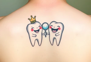 Two cute molar teeth holding hands, one wearing a tiny dentist’s mirror as a crown, pastel watercolor, soft and dreamy.” tattoo idea