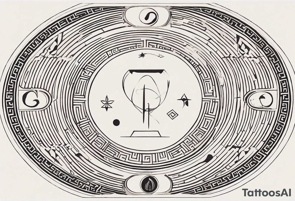 "Craft a minimalist round tattoo inspired by ancient Greek art, centered around Clio, the muse of history. Design a circular composition featuring Clio depicted in the center, holding a scroll adorned with historical symbols or inscriptions. Surround her with subtle yet meaningful elements such as ancient architectural motifs, symbolic representations of ancient civilizations, or fragments of historical texts. Ensure the design maintains a minimalist aesthetic with clean lines and limited detail, while capturing the essence of Clio's dedication to preserving and inspiring the study of history within the circular frame." tattoo idea