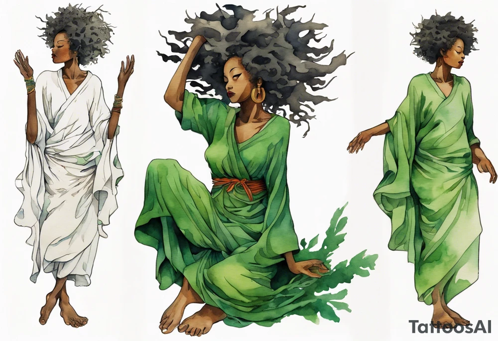 a tree trunk with roots that is a black woman from the waist up, feet made of tree roots, wearing a green tunic, arms stretched upwards towards the noon sun tattoo idea