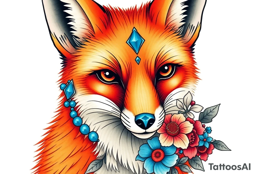 adult fox with blue jewelry smelling wild flowers tattoo idea