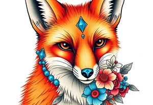 adult fox with blue jewelry smelling wild flowers tattoo idea
