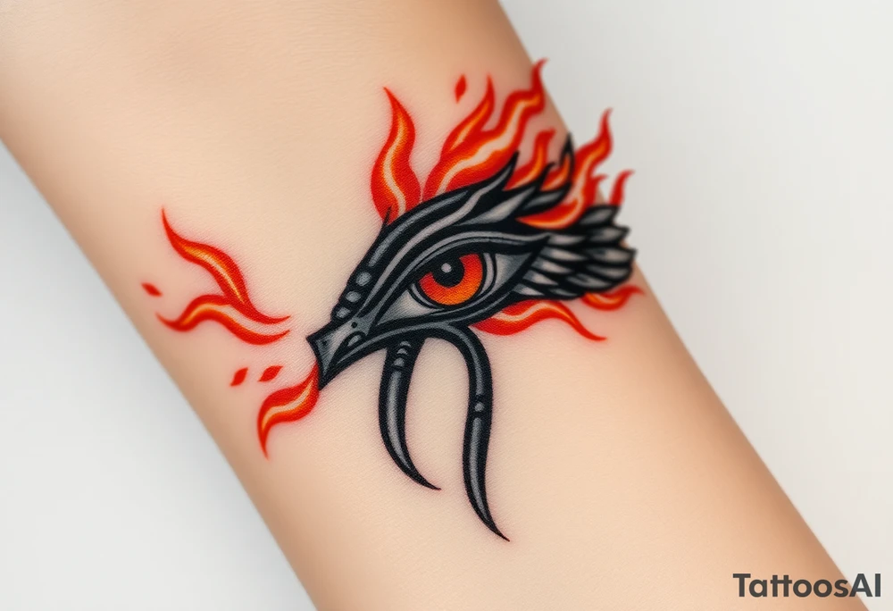 A fire-themed Eye of Horus, with glowing orange and red flames dancing around, symbolizing transformation and power tattoo idea
