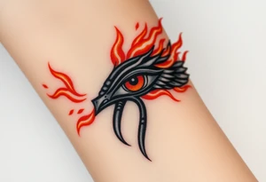 A fire-themed Eye of Horus, with glowing orange and red flames dancing around, symbolizing transformation and power tattoo idea