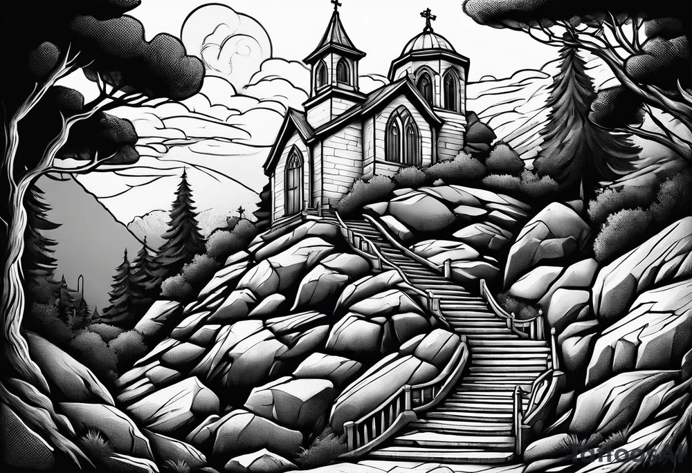 family of 4 walking up on stairs on the hill and on the top of the hill is church build in the rock tattoo idea