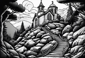 family of 4 walking up on stairs on the hill and on the top of the hill is church build in the rock tattoo idea