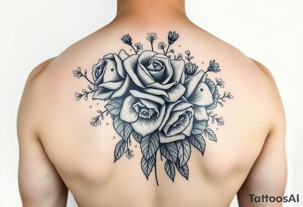 vintage bouquet of wild roses and meadow flowers with morning dew tattoo idea