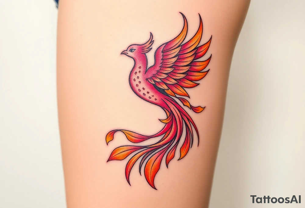magnificent phoenix rising from flames with trailing embers pinks golds orange and yellows tattoo idea