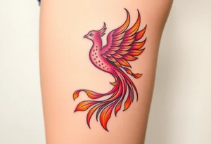magnificent phoenix rising from flames with trailing embers pinks golds orange and yellows tattoo idea