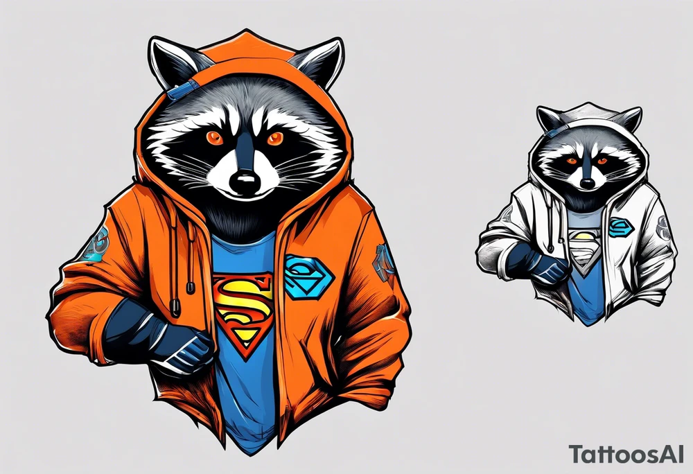 Raccoon wearing an orange Superman hoodie tattoo idea