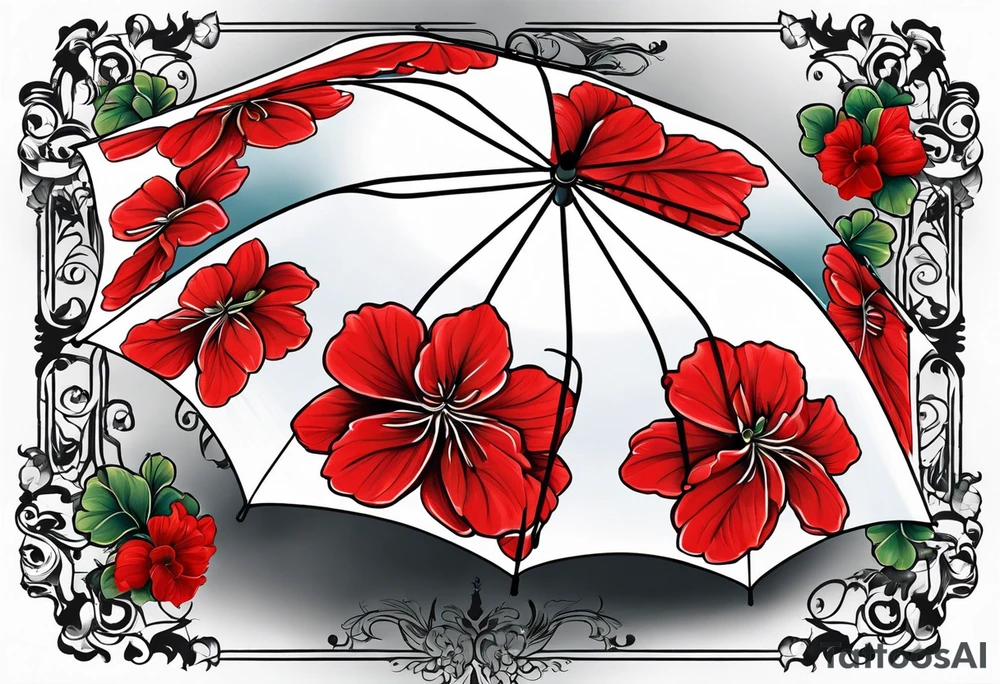 Upside down Umbrella with red geraniums with rain tattoo idea