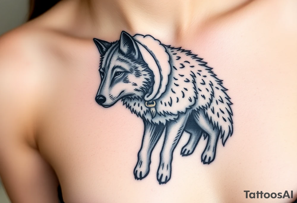 Wolf wearing a sheep like a costume prowling around tattoo idea