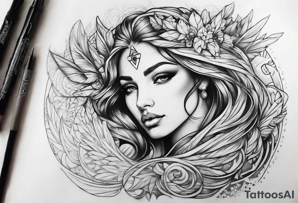 Mythical angelic woman face on arm tattoo idea