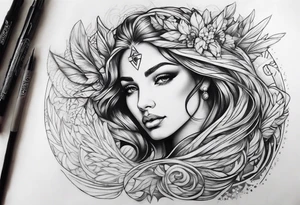 Mythical angelic woman face on arm tattoo idea