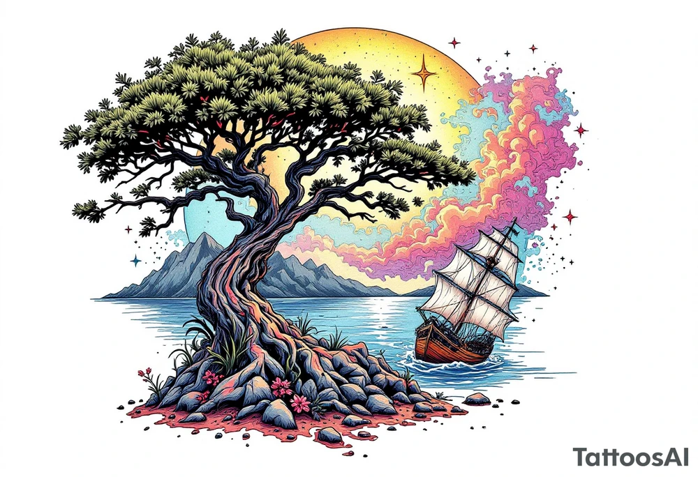 tattoo that has an acacia tree with mountains, ocean with a ship wreck and the northern star tattoo idea
