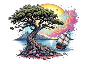 tattoo that has an acacia tree with mountains, ocean with a ship wreck and the northern star tattoo idea