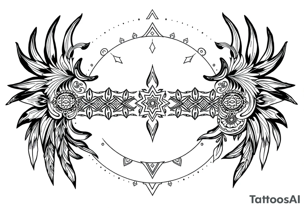 long shaman style mytical bold line with ancient rhyme tattoo idea