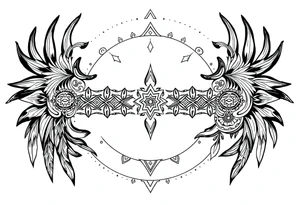 long shaman  style mytical bold line with ancient rhyme tattoo idea