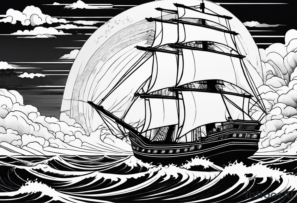 Art deco style Japanese ship on the sea with storm clouds and lightning tattoo idea