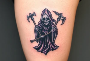 A grim reaper holding a battle axe, with shadows and dark tones of black, deep purple, and grey, representing death and darkness. tattoo idea