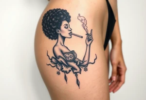 Afro Woman smoking while floating in outer space tattoo idea