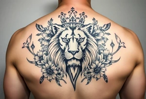 powerful majestic lion with a crown, surrounded by floral ornaments and birds tattoo idea