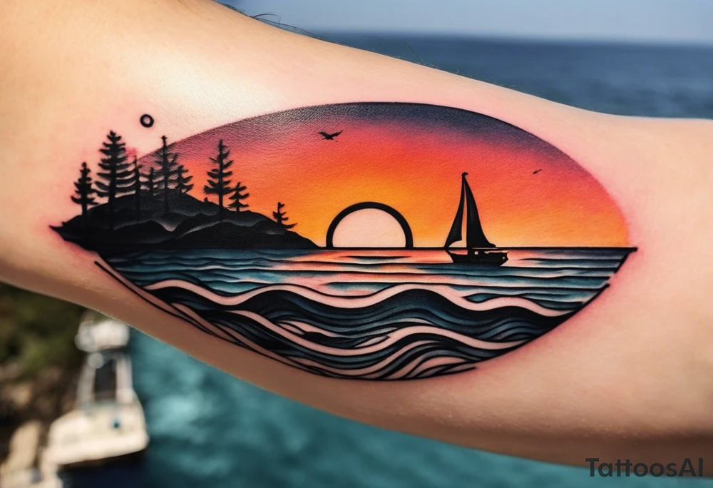 This tattoo needs to be incredibly simple and minimal. It's a sunset from the perspective of being on a boat on the ocean. The waves are very calm and there is no land in site. There are slight reflections of the sun on the water. The tattoo will be in landscape orientation. Mostly black with small splashes of color from the sun. There should be no objects in the tattoo besides the sun, water, and maybe some clouds and a bird or two. No land or boats. tattoo idea