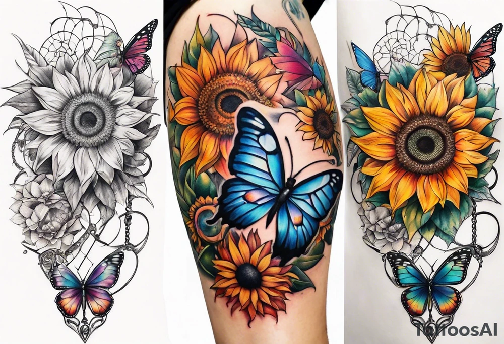 Quarter Leg sleeve with dreamcatcher, rainbow sunflowers and one butterfly tattoo idea
