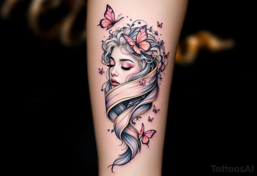 Barborka wrapped in a flowing ribbon, with soft pastel butterflies fluttering around. tattoo idea