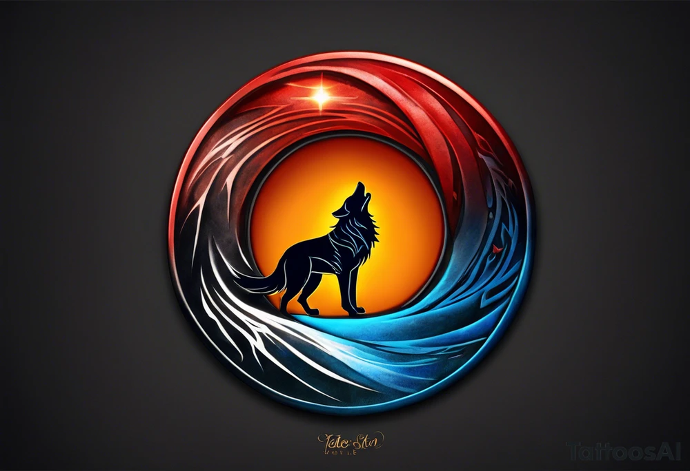 a tattoo whose main theme is balance but also resembles new begining, strong willpower, peace and loyalty. This should be for the front part of the shoulder. maybe add the ying-yang symbol somewhere in the tattoo. Tattoo should have an equal amount of blue and red along with the overall tattoo being black. In corporate a wolf into the tattoo, make sure it resembles ing and yang. wolf needs to look dangerous tattoo idea