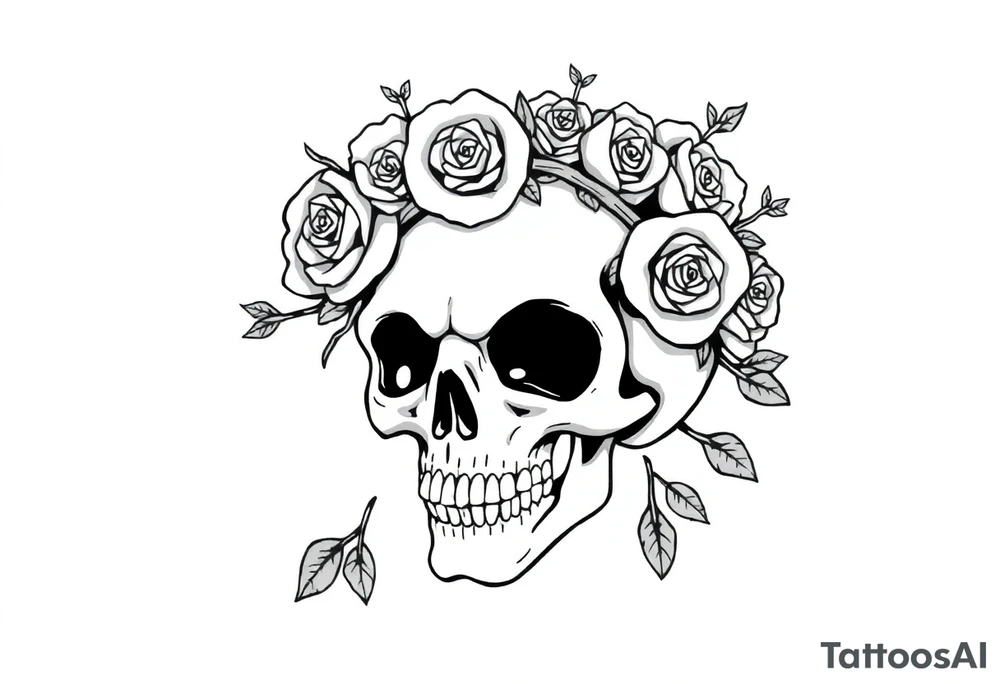 ornate skull adorned with crown of wild roses and thorns tattoo idea