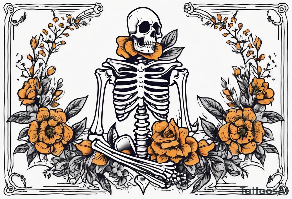 skeleton with body and flowers around it vintage sketch tattoo idea