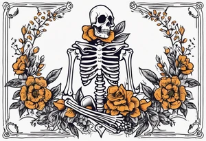 skeleton with body and flowers around it vintage sketch tattoo idea