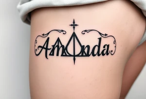 Amanda name with Harry Potter deathly hallows on ribs tattoo idea