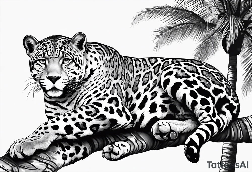 jaguar laying on palm tree tattoo idea