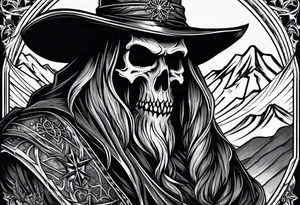 Grime reaper with snow flake and mountains tattoo idea
